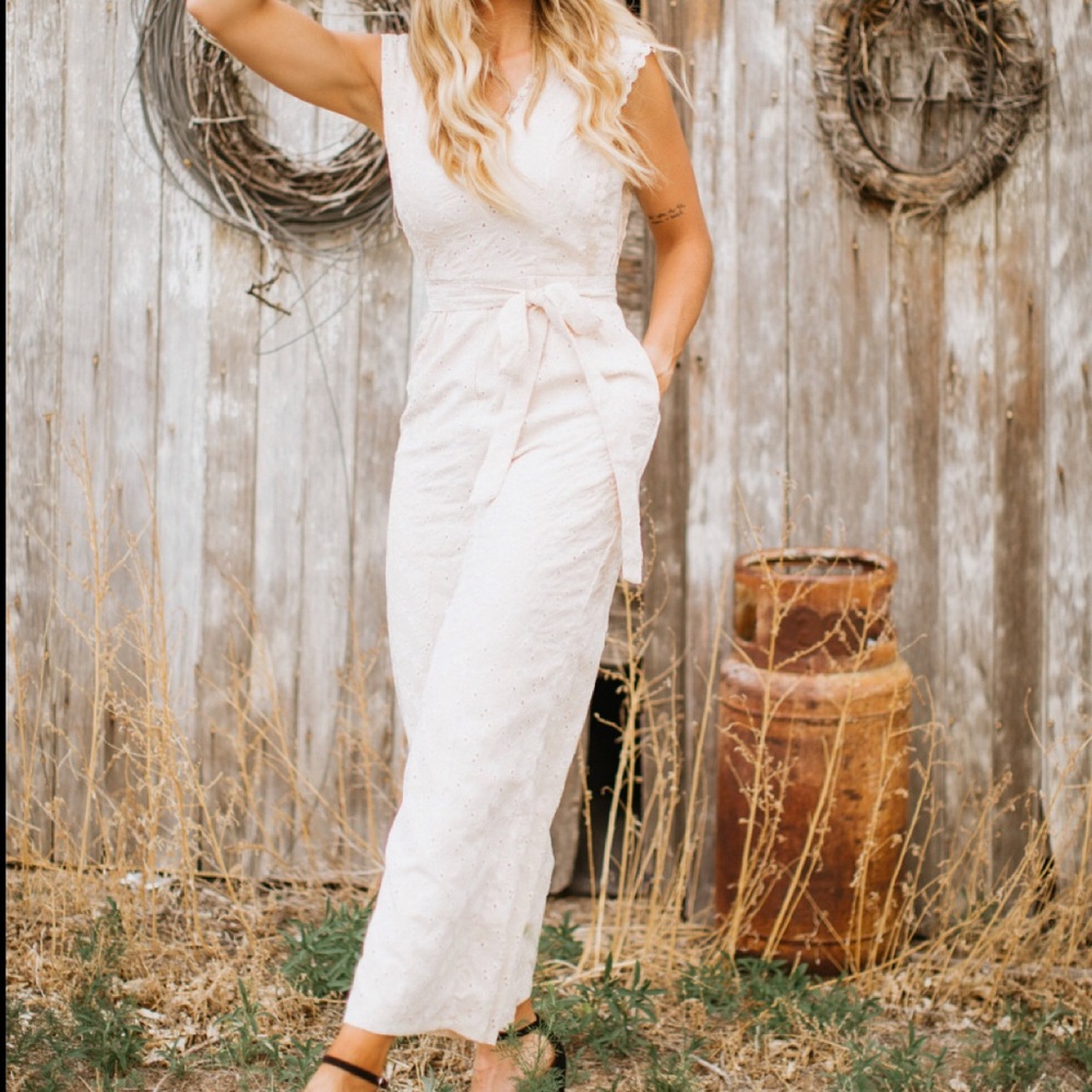 Just Me Cream Jumpsuit, Size Medium, Cream and White Floral Stitching